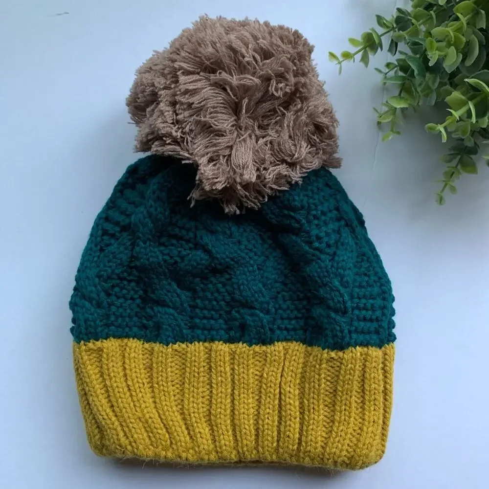 Jomni | NWT One Size Green-Teal/ Mustard Knit Hat with Pom Pom